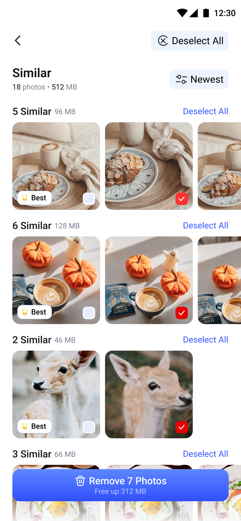 Turbo Cleanup Similar view, showing grouped photos, suggested Best shots and selection controls